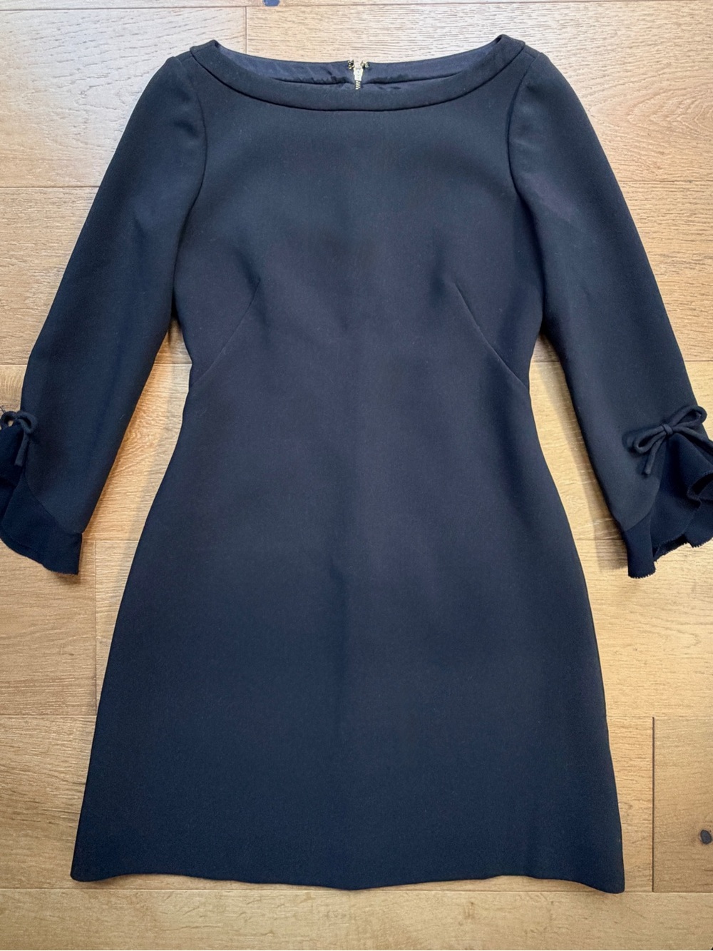 Kate Spade Bow Sleeve A-Line Ponte Knit Mini Dress Black Gold Zipper LBD Wms 2